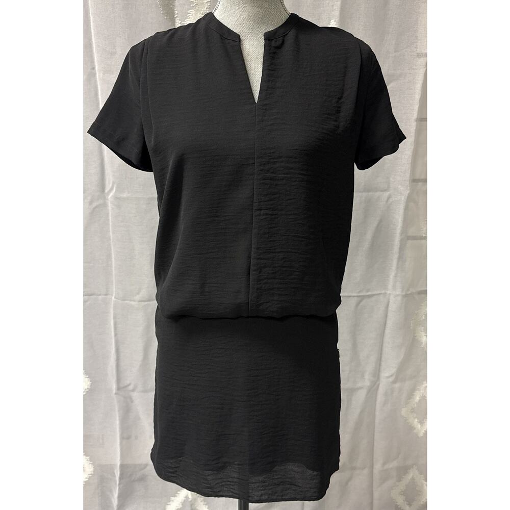 Maison Scotch Black Blouson Shift Dress Split Neck Back Slit Woman’s US Size 6